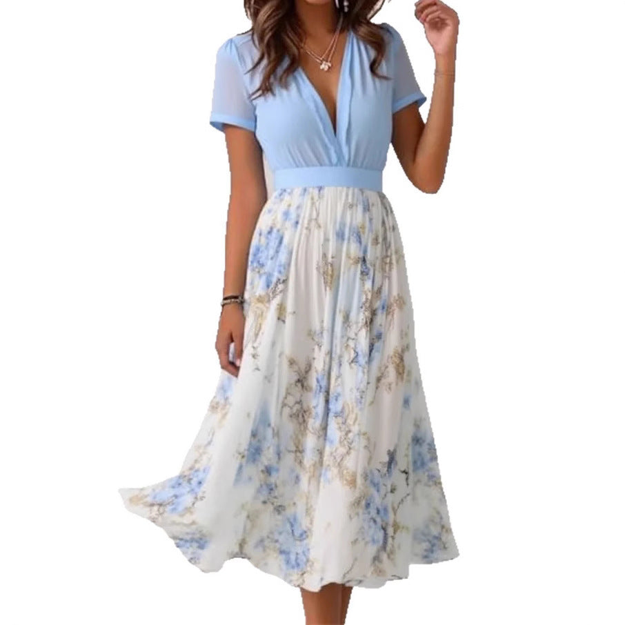 Women's V-Neck Spliced Long Skirt Dress – Long & Short Sleeve | S–3XL