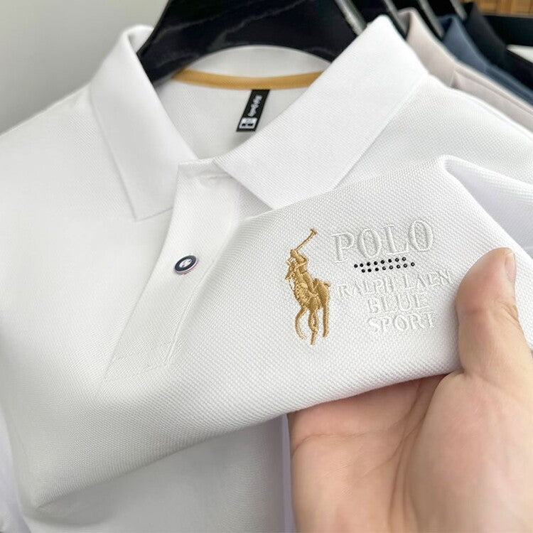 Men's Classic Embroidered Cotton Short-Sleeve Polo - Casual Solid Color Lapel Shirt
