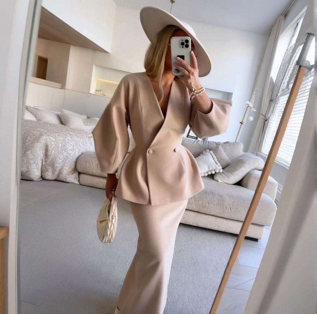 Women's Solid Color Button-Down Puff Sleeve Top & Skirt Set - Two-Piece Sophisticated Dress Suit
