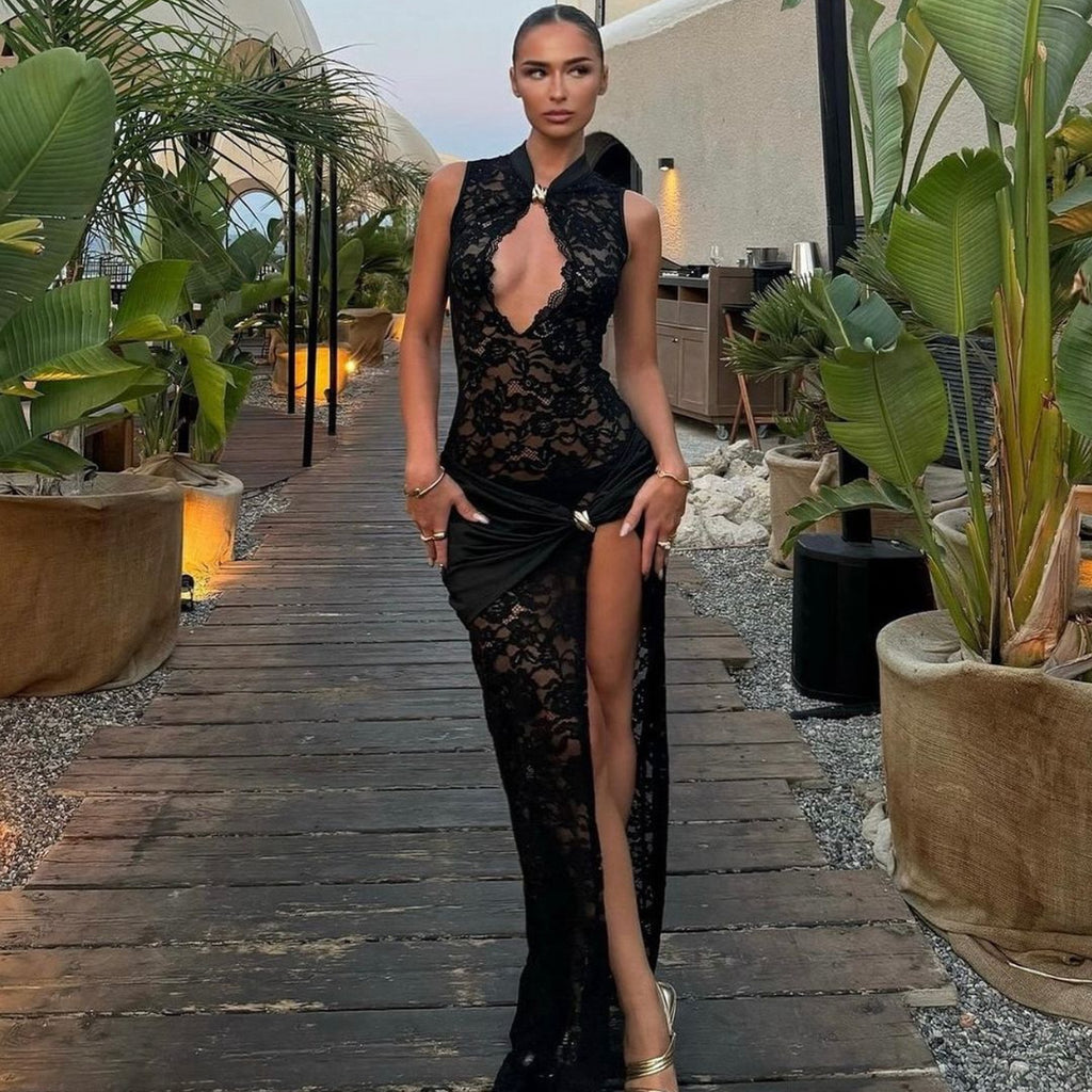 Women's Lace Cut-Out High-Slit Slim Sleeveless Dress – Sexy Fashion Evening Dress | Black, White & Red Wine | S–XXL