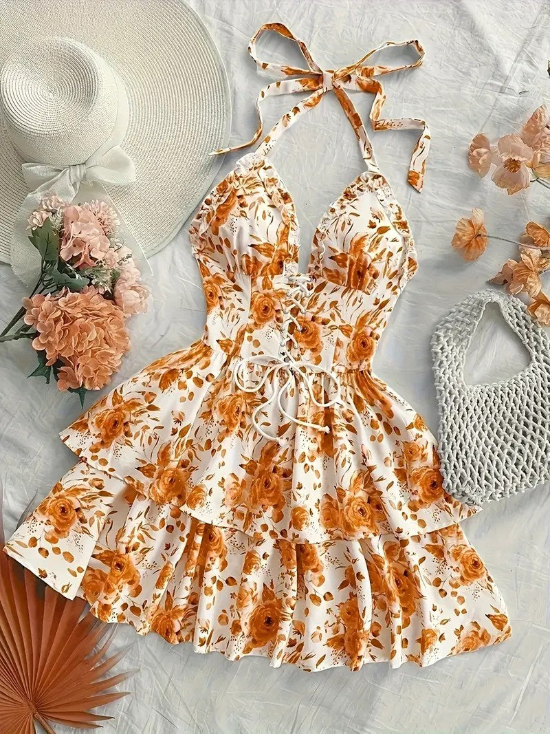 Women's Resort-Style Watercolour Rose Print Tie-Collar Dress – Retro Floral Summer Dress | 5 Colours | S–XXL