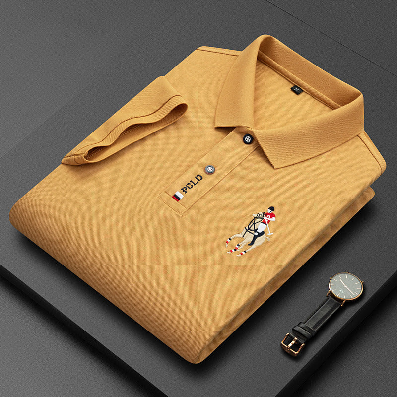 Men's Classic Embroidered Cotton Short-Sleeve Polo - Casual Solid Color Lapel Shirt