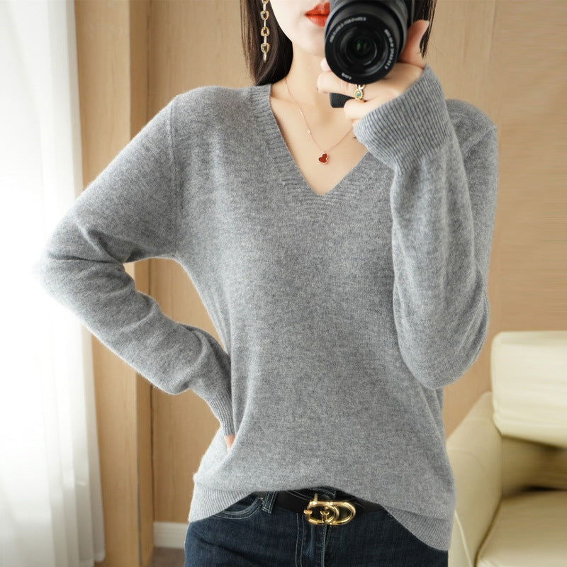 Optimized Title: Women's Classic Solid Color V-Neck Knitted Pullover - Lightweight Soft Base Layer Thin Sweater