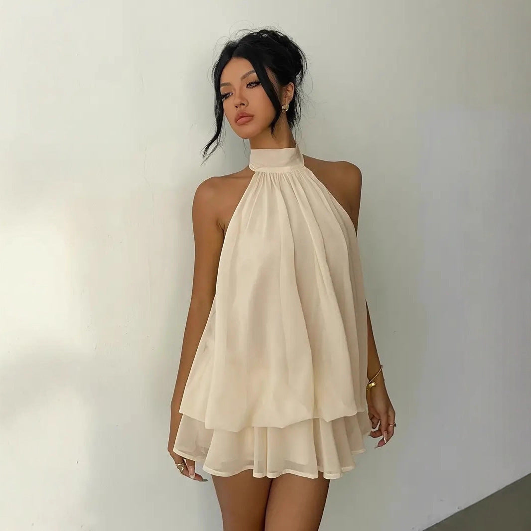 Women's Open-Back Halterneck Lace-Up Waist Puffy Mini Dress | XS–XXL