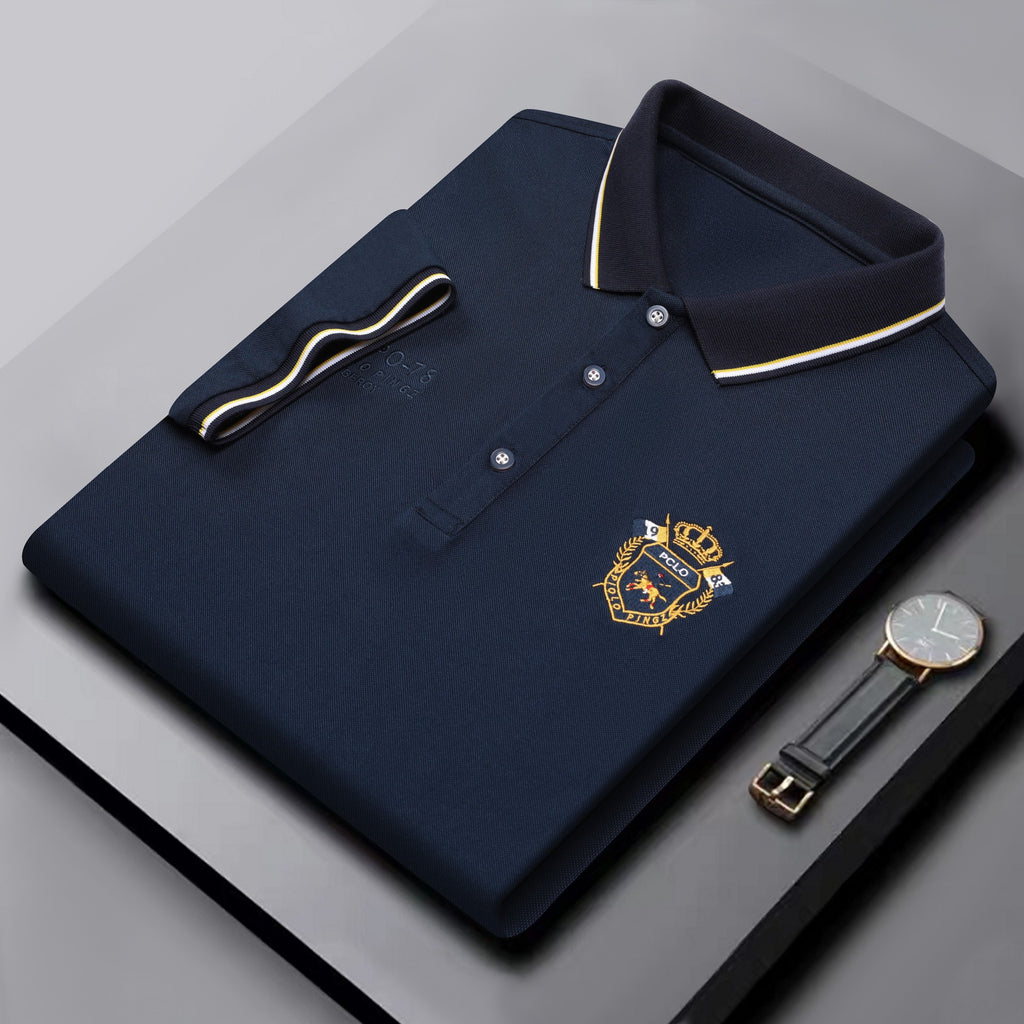 Men's Classic Embroidered Cotton Short-Sleeve Polo - Casual Solid Color Lapel Shirt