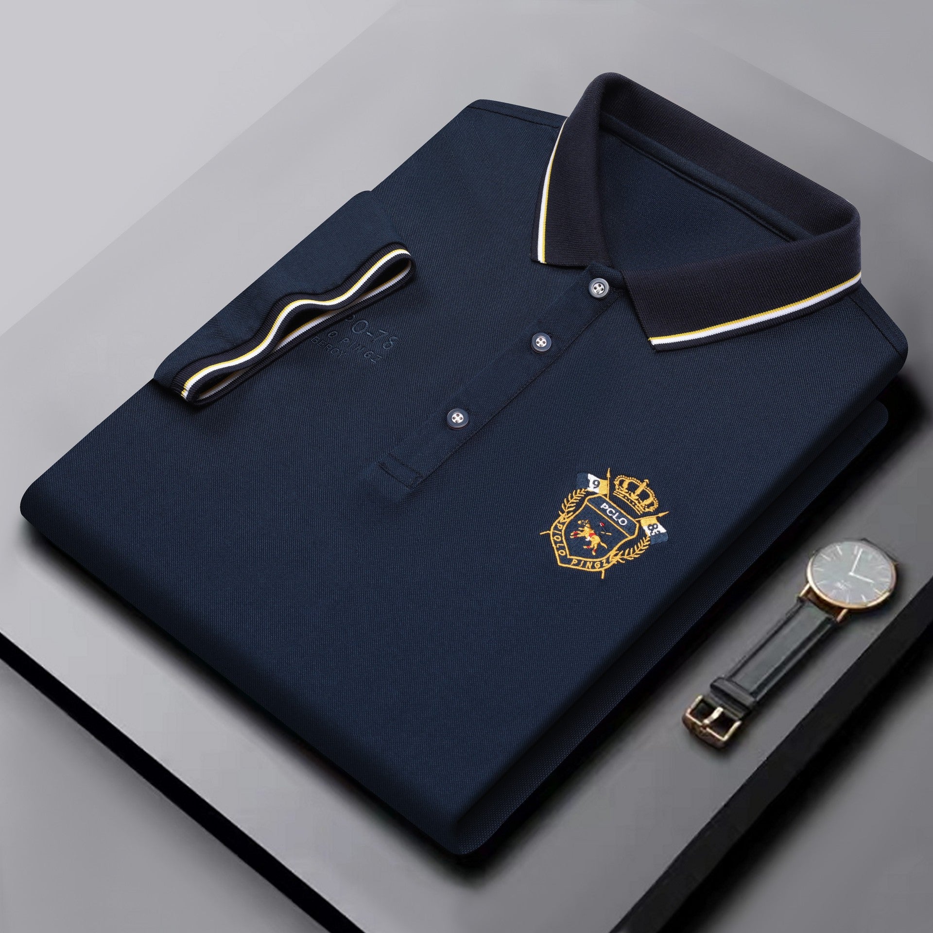 Men's Classic Embroidered Cotton Short-Sleeve Polo - Casual Solid Color Lapel Shirt