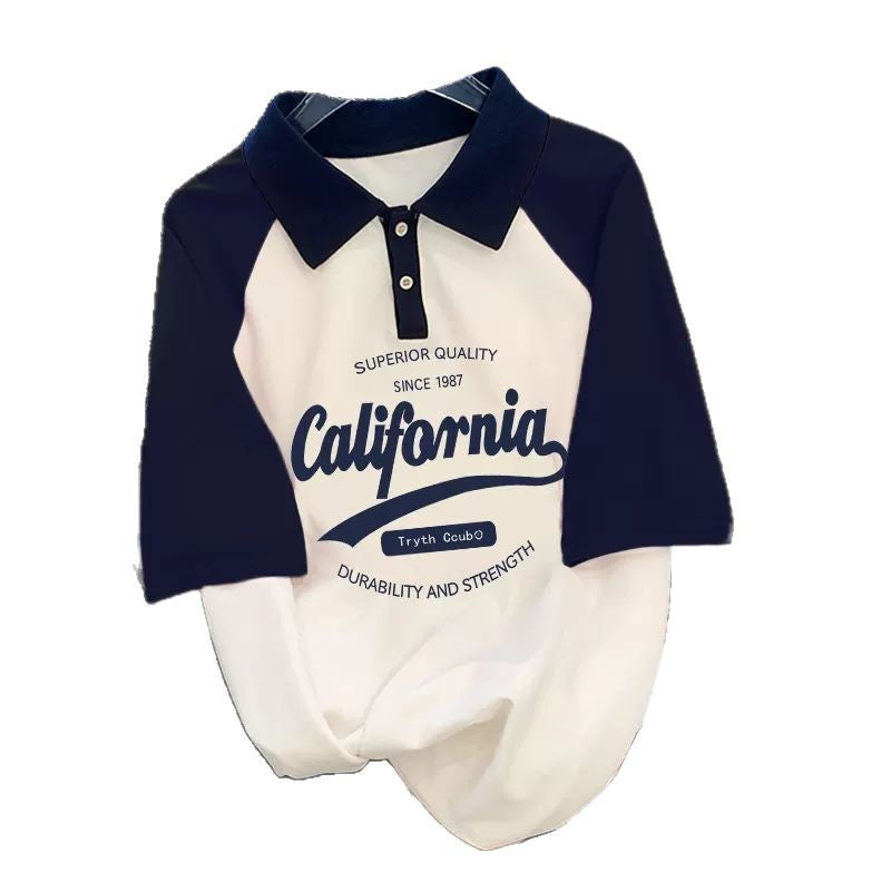 Women's American Retro Contrast Raglan Sleeve Polo - Loose Fit Short-Sleeve Streetwear Tee