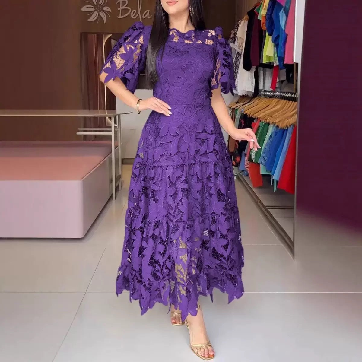 Women's Lace Hollow Crew-Neck Long Waist Dress | S–4XL