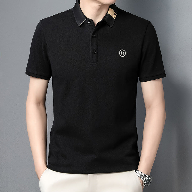Men's Classic Embroidered Cotton Short-Sleeve Polo - Casual Solid Color Lapel Shirt