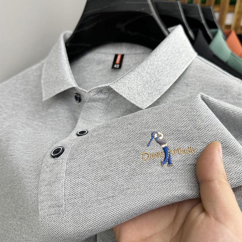 Men's Classic Embroidered Cotton Short-Sleeve Polo - Casual Solid Color Lapel Shirt