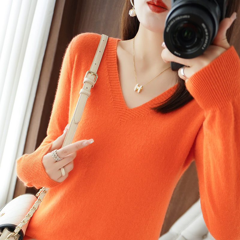 Optimized Title: Women's Classic Solid Color V-Neck Knitted Pullover - Lightweight Soft Base Layer Thin Sweater