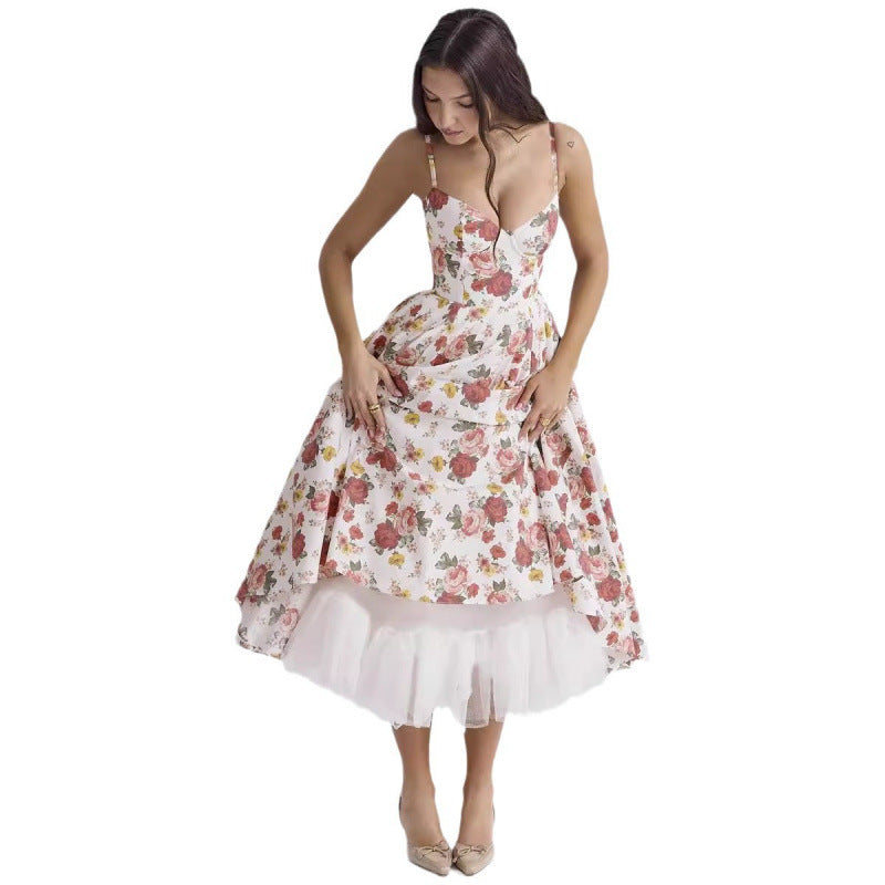 Women's French Mesh Princess Dress – Double-Layer Spaghetti Strap | S–XXL