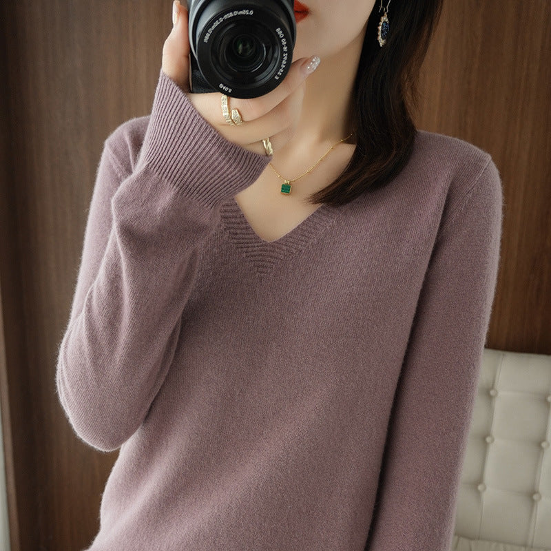 Optimized Title: Women's Classic Solid Color V-Neck Knitted Pullover - Lightweight Soft Base Layer Thin Sweater