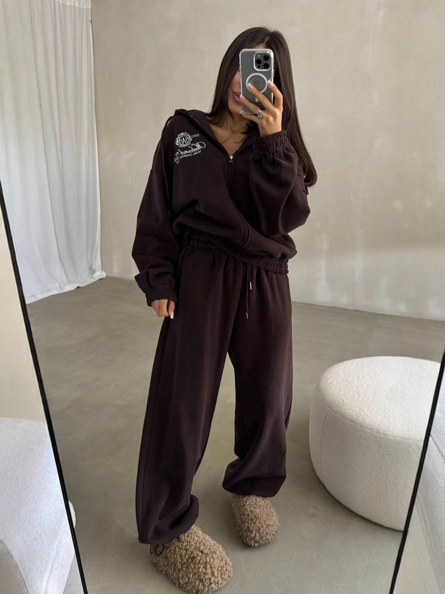 Women's Premium Embroidered Zipper Hoodie & Pants Set - Two-Piece Luxury Loungewear Suit