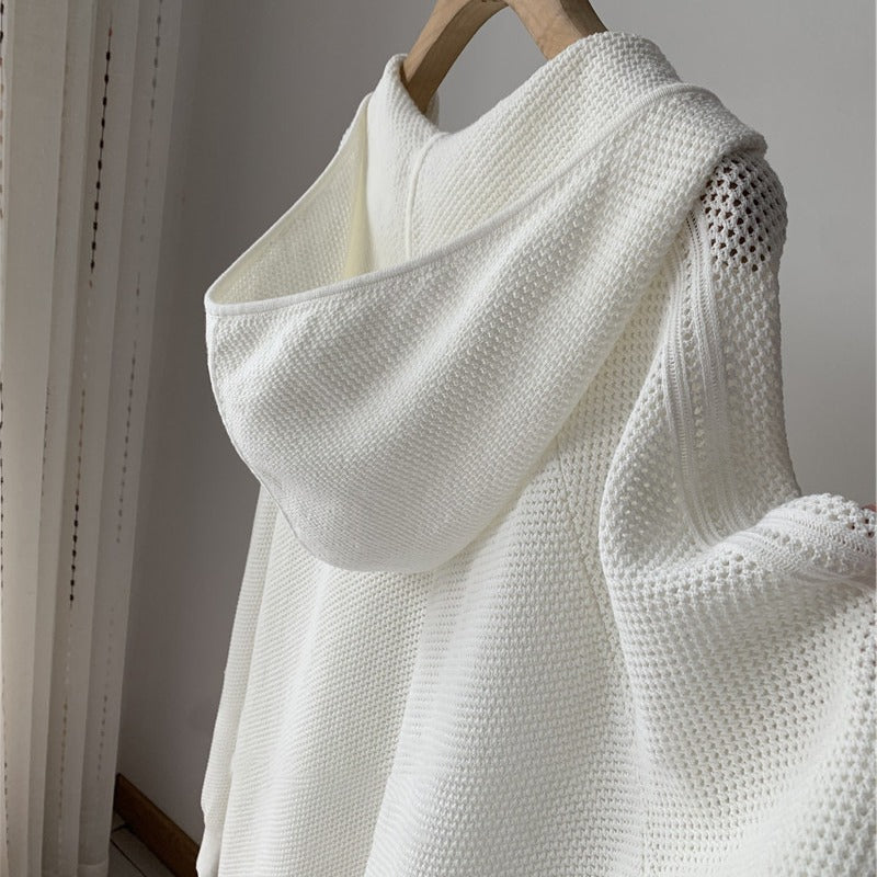 Women's Luxury Hollow-Out Knit Hooded Sweater - Relaxed Fit Crochet Blouse Cover-Up