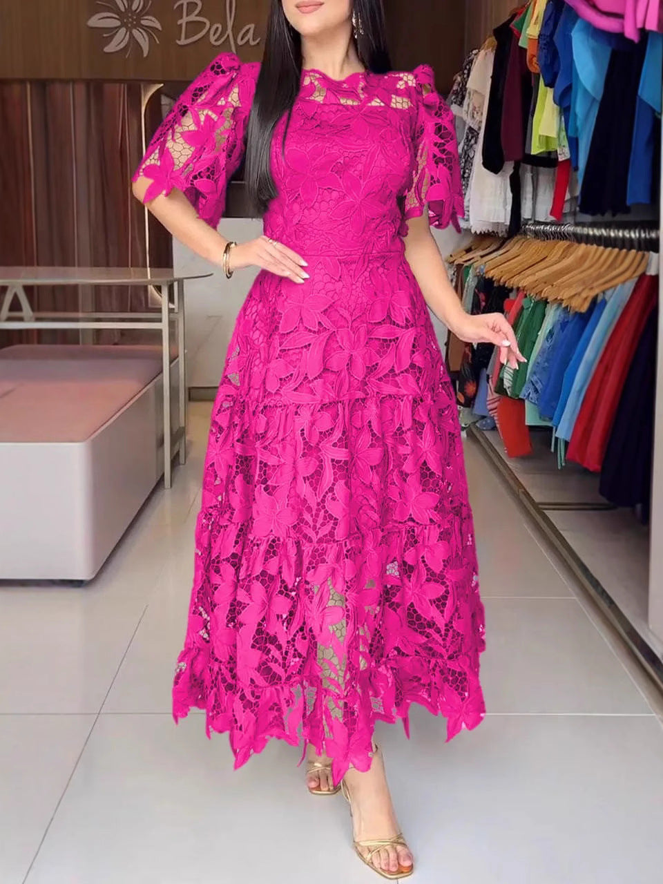 Women's Lace Hollow Crew-Neck Long Waist Dress | S–4XL