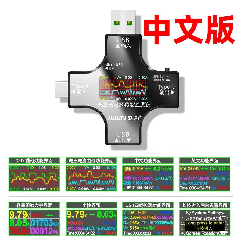 USB Type-C QC/PD Charger Tester – DC Digital Voltage & Current Power Meter (8A, English/Bluetooth)