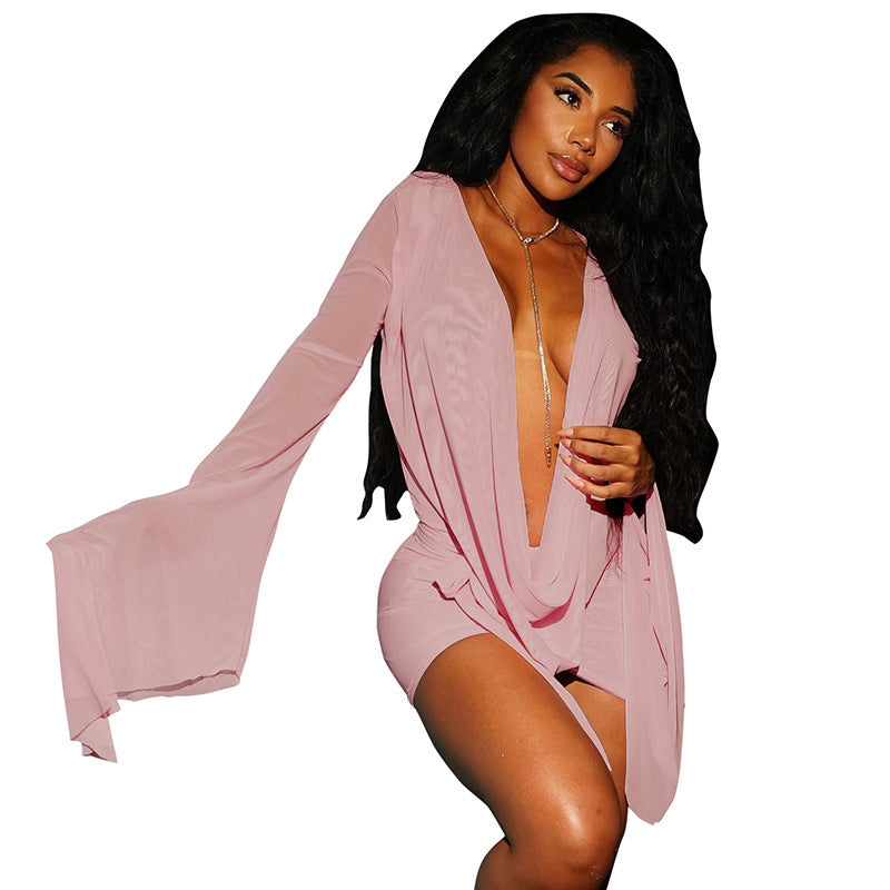 Women's Deep-V Mesh See-Through Swing Dress – Resort & Island Style | S–L