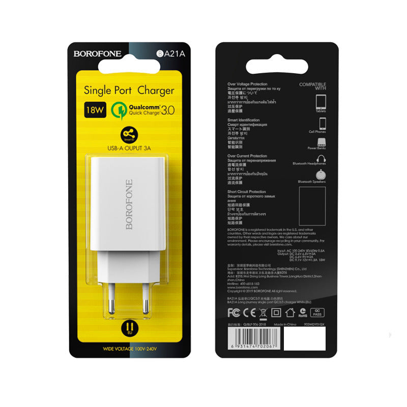 BOROFONE BA21A Single Port QC18W Fast Charger Set - Universal European Spec Cable Kit