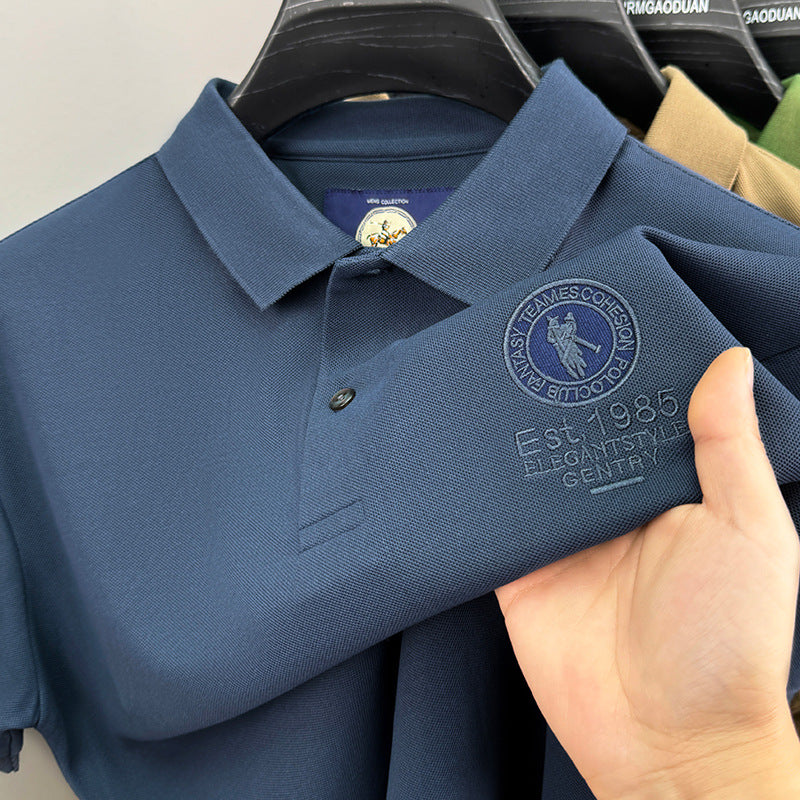 Men's Classic Embroidered Cotton Short-Sleeve Polo - Casual Solid Color Lapel Shirt