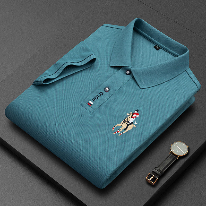 Men's Classic Embroidered Cotton Short-Sleeve Polo - Casual Solid Color Lapel Shirt