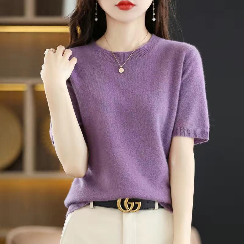 Women's Lightweight Round Neck Half-Sleeve Knitted Sweater - Versatile Slim Fit Base Layer