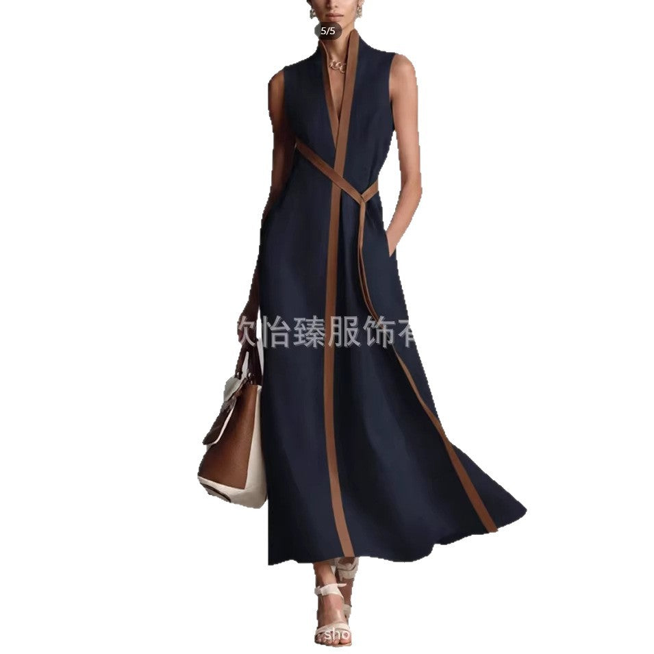 Women's Stand-Up Collar Sleeveless Contrast Loose Dress | S–XXXL
