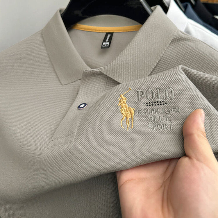 Men's Classic Embroidered Cotton Short-Sleeve Polo - Casual Solid Color Lapel Shirt