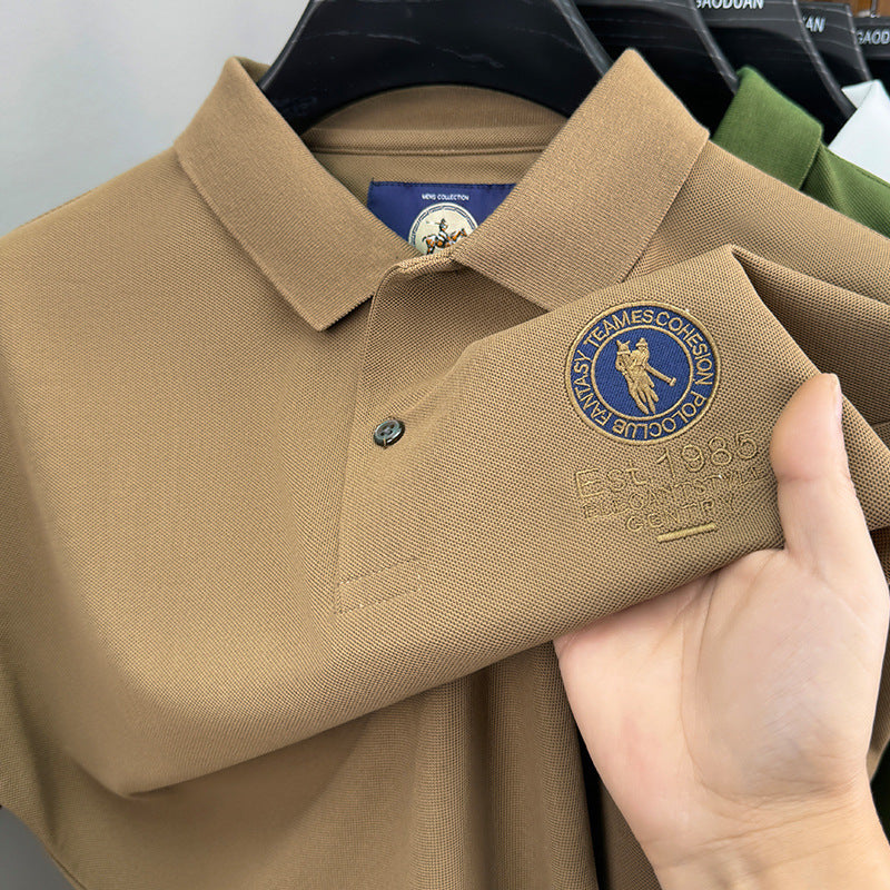 Men's Classic Embroidered Cotton Short-Sleeve Polo - Casual Solid Color Lapel Shirt