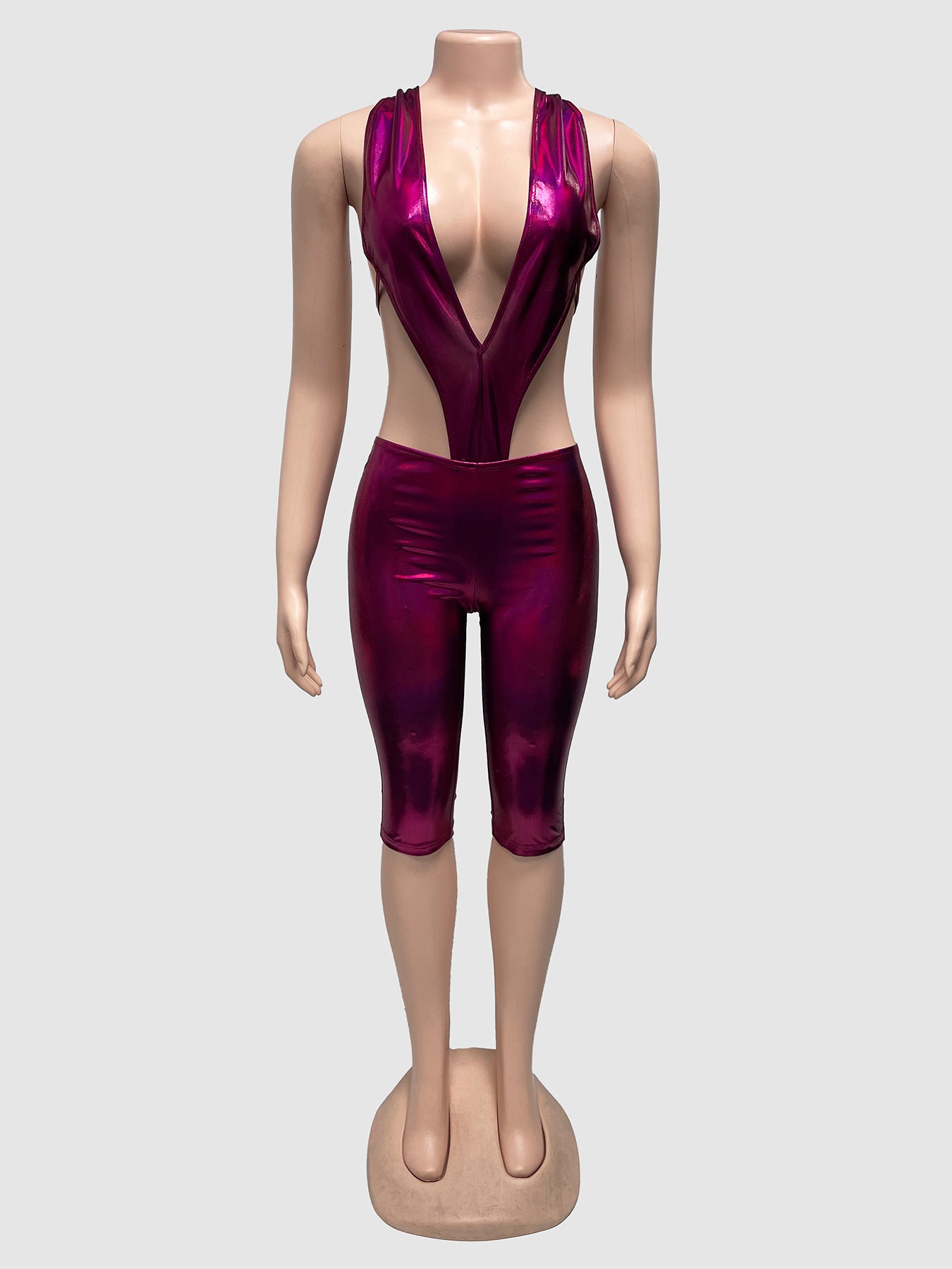 Women's Deep V Open-Back Ice Silk Halterneck Top & Cropped Trousers Set - Two-Piece Night Out Suit