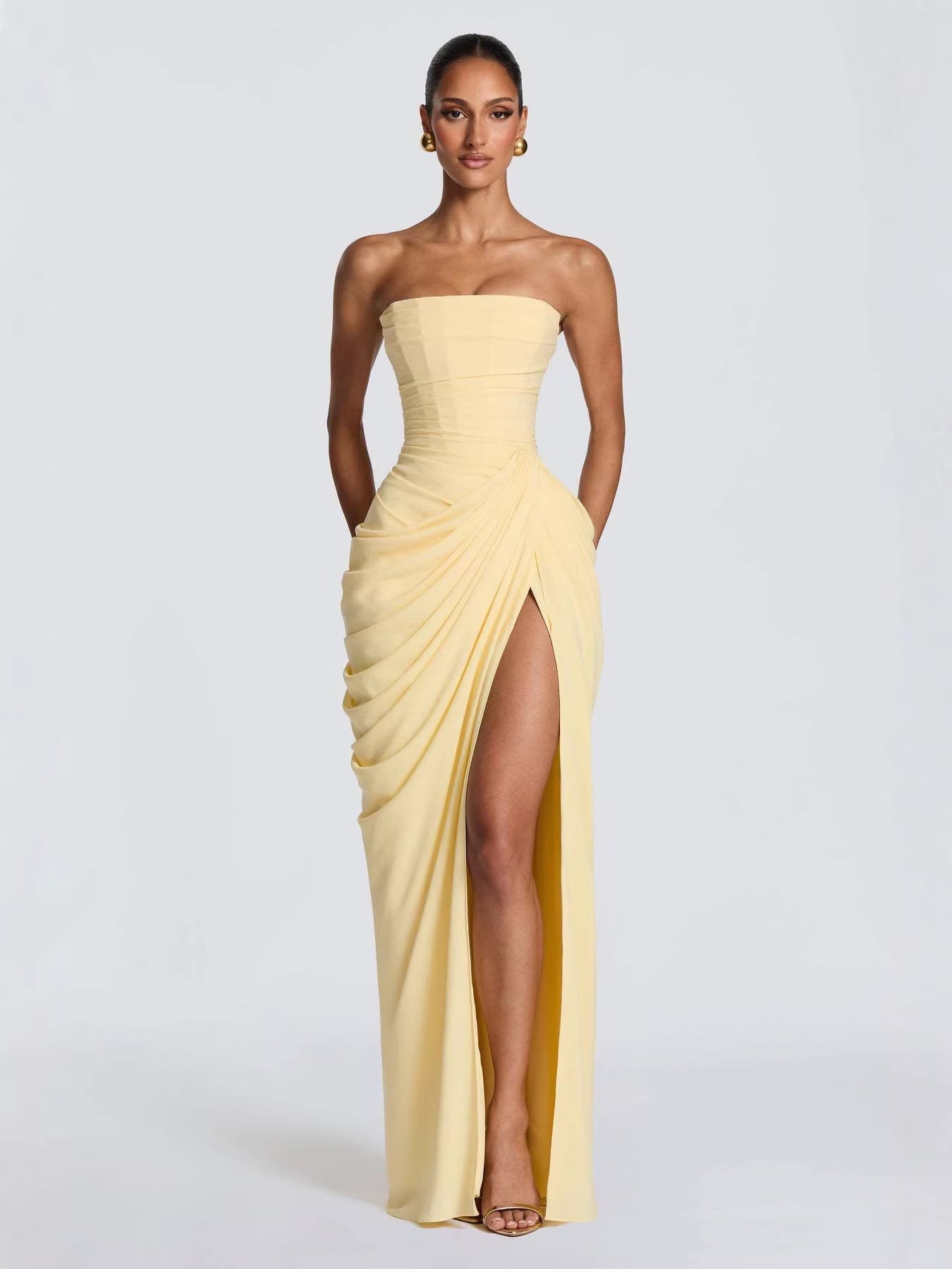 Women's Asymmetrical Pleated Bandeau High-Slit Dress | S–XL