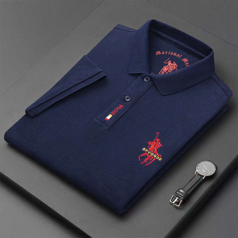 Men's Classic Embroidered Cotton Short-Sleeve Polo - Casual Solid Color Lapel Shirt