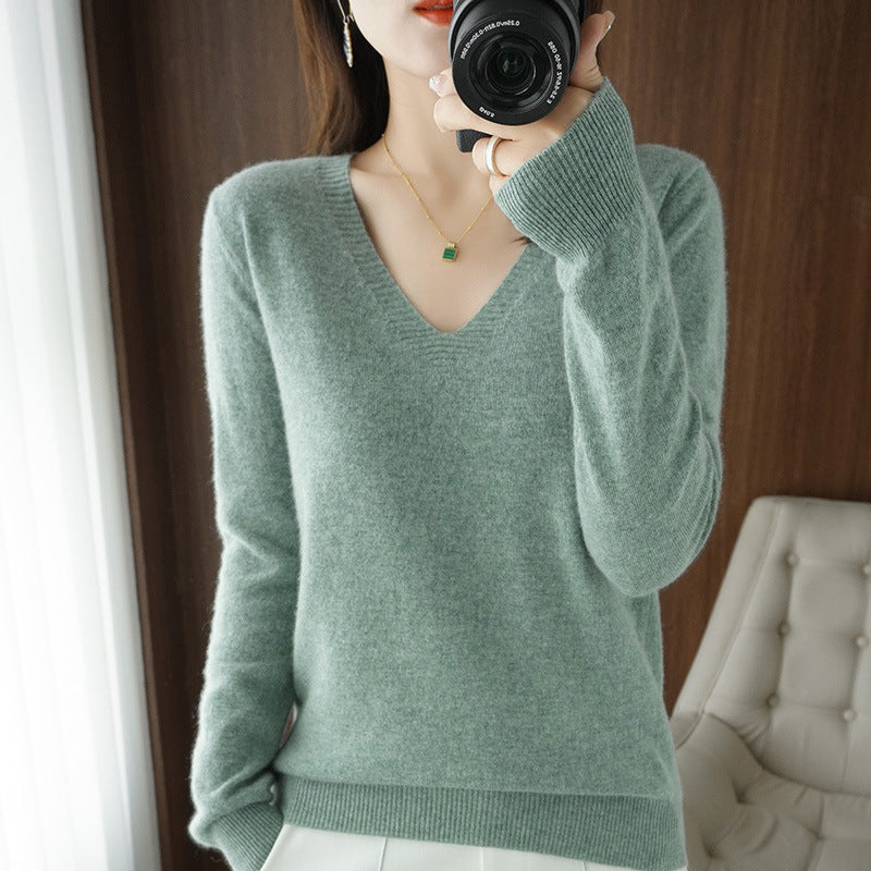 Optimized Title: Women's Classic Solid Color V-Neck Knitted Pullover - Lightweight Soft Base Layer Thin Sweater