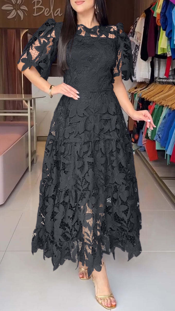 Women's Lace Hollow Crew-Neck Long Waist Dress | S–4XL
