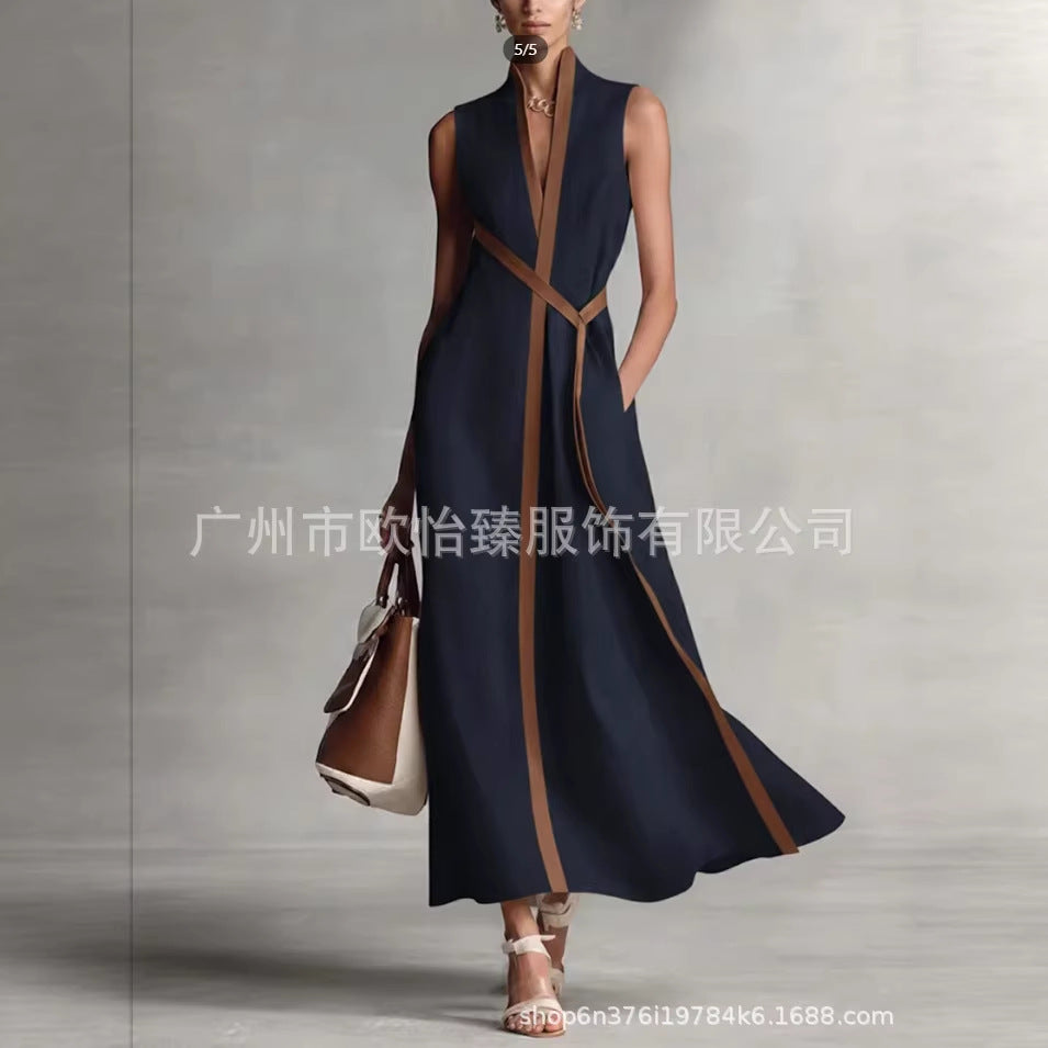 Women's Stand-Up Collar Sleeveless Contrast Loose Dress | S–XXXL