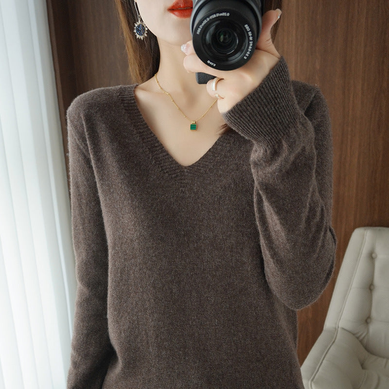 Optimized Title: Women's Classic Solid Color V-Neck Knitted Pullover - Lightweight Soft Base Layer Thin Sweater