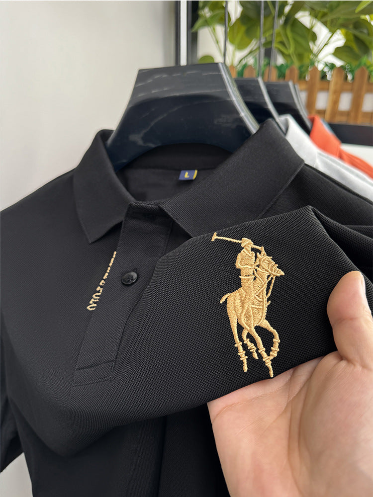 Men's Classic Embroidered Cotton Short-Sleeve Polo - Casual Solid Color Lapel Shirt