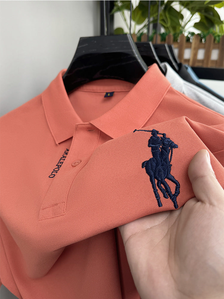 Men's Classic Embroidered Cotton Short-Sleeve Polo - Casual Solid Color Lapel Shirt