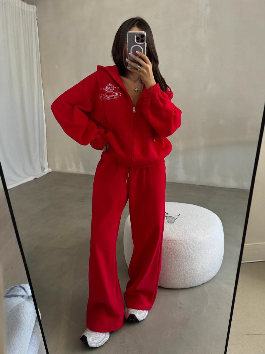 Women's Premium Embroidered Zipper Hoodie & Pants Set - Two-Piece Luxury Loungewear Suit