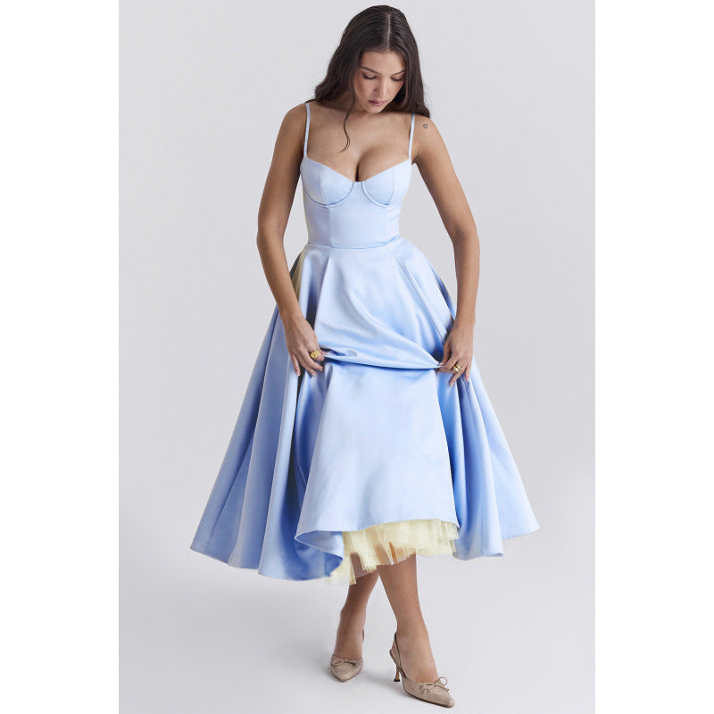 Women's French Mesh Princess Dress – Double-Layer Spaghetti Strap | S–XXL