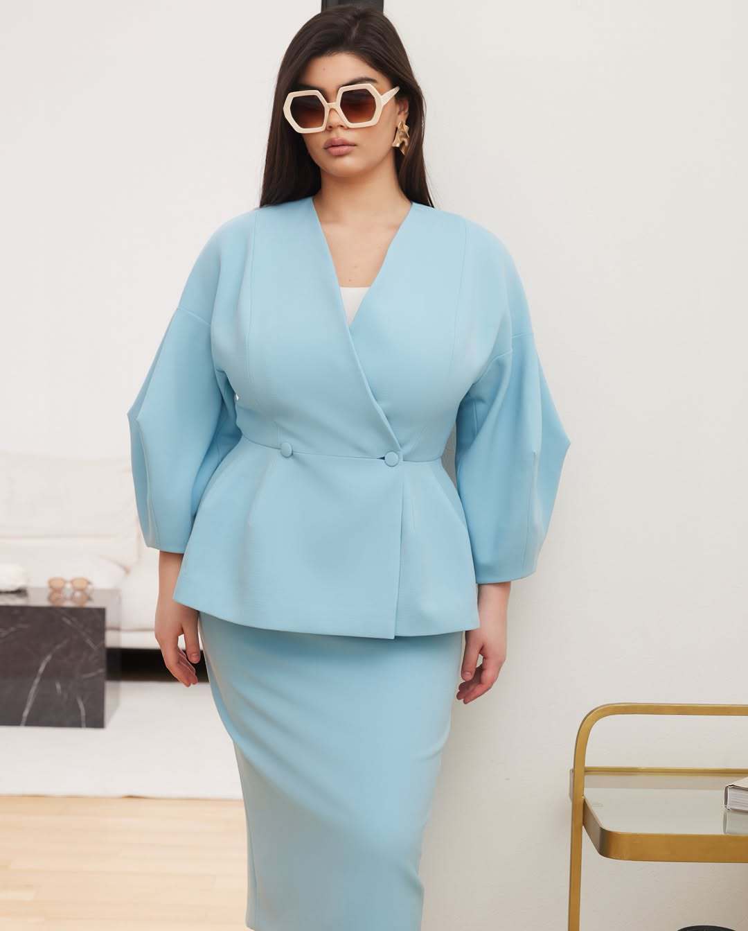 Women's Solid Color Button-Down Puff Sleeve Top & Skirt Set - Two-Piece Sophisticated Dress Suit