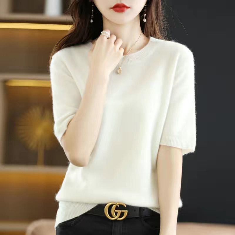 Women's Lightweight Round Neck Half-Sleeve Knitted Sweater - Versatile Slim Fit Base Layer