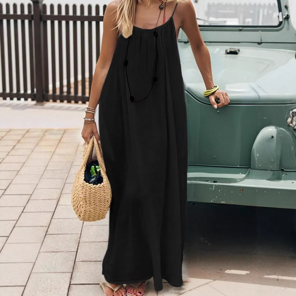 Women's Open-Back Cami Loungewear Dress – Loose Suspender Style | 27 Colours | S–5XL