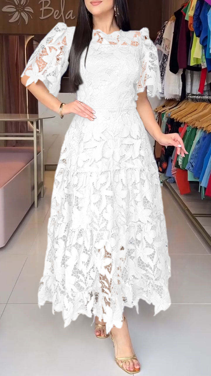 Women's Lace Hollow Crew-Neck Long Waist Dress | S–4XL