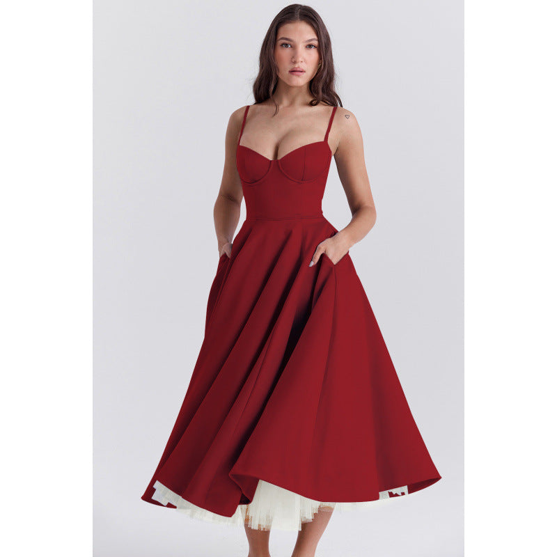 Women's French Mesh Princess Dress – Double-Layer Spaghetti Strap | S–XXL