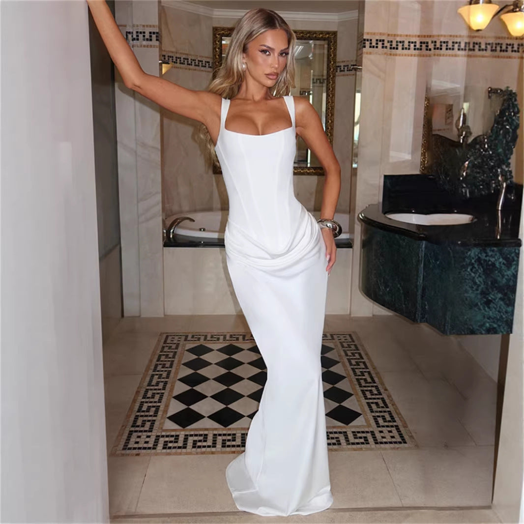 Women's Pleated Square-Neck Hip-Wrap Sleeveless Dress – Slim Sexy Fashion Dress | 7 Colours | XS–XL