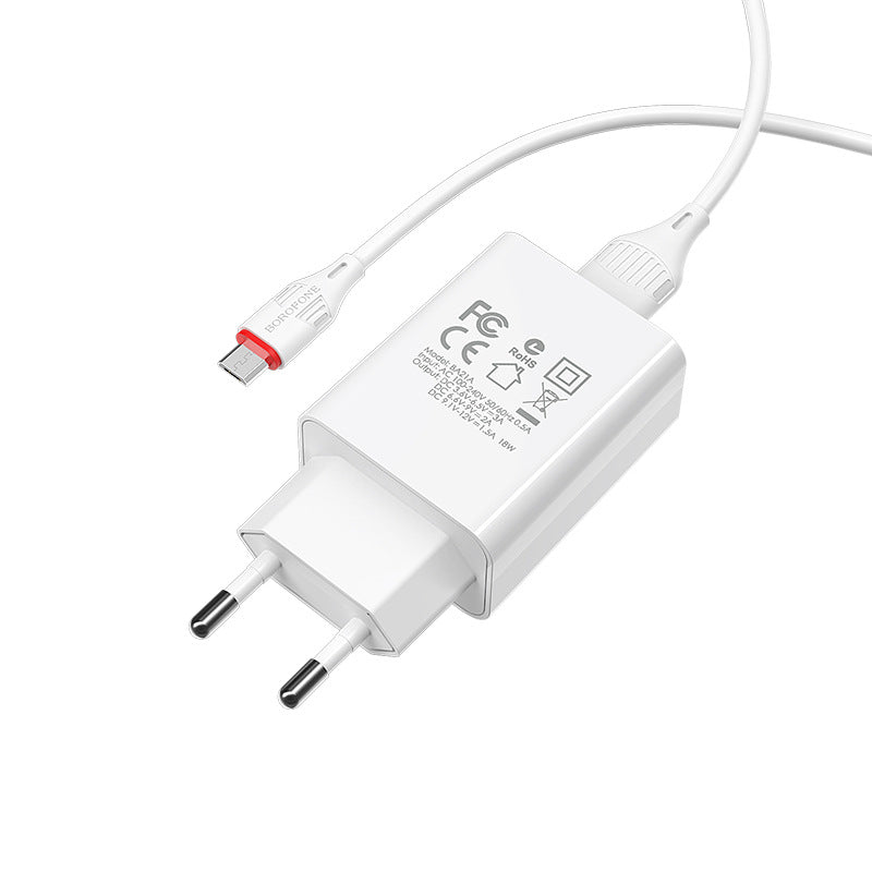 BOROFONE BA21A Single Port QC18W Fast Charger Set - Universal European Spec Cable Kit