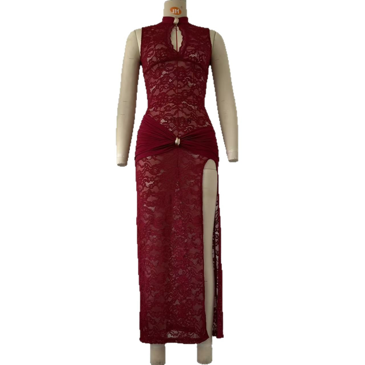 Women's Lace Cut-Out High-Slit Slim Sleeveless Dress – Sexy Fashion Evening Dress | Black, White & Red Wine | S–XXL