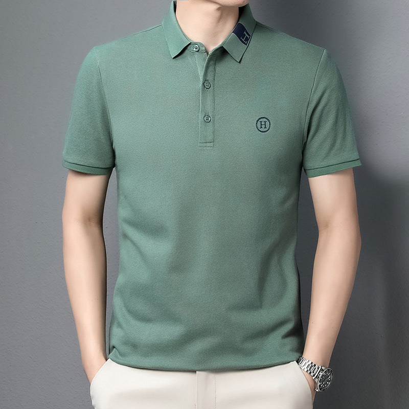 Men's Classic Embroidered Cotton Short-Sleeve Polo - Casual Solid Color Lapel Shirt