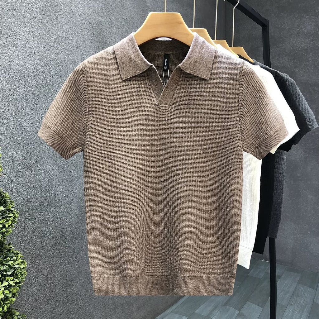 Men's Premium Knitted Lapel Short-Sleeve Polo - Slim Fit Half-Sleeve Summer Base Layer